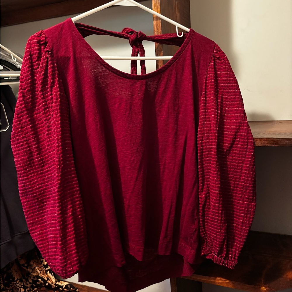 LOFT Burgundy Blouse with Patterned Sleeves